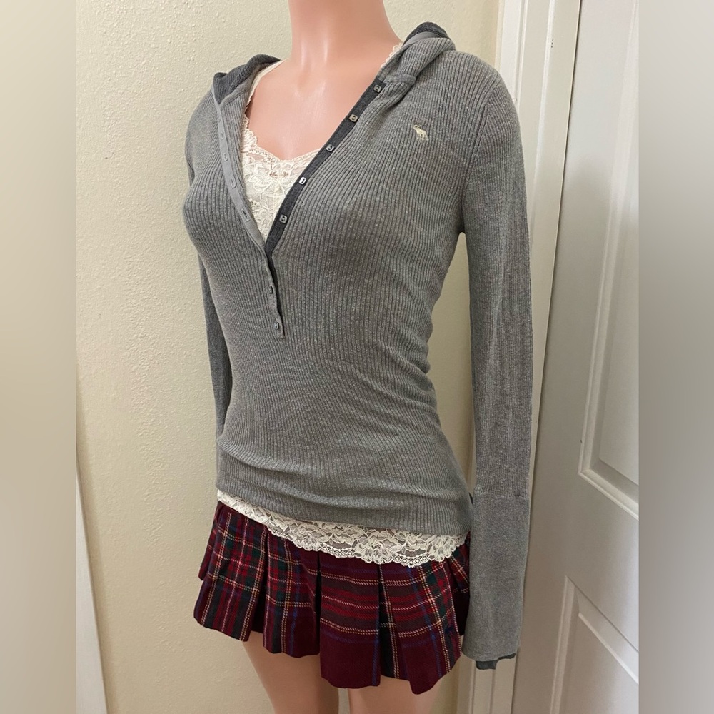 Vintage y2k Abercrombie grey button up ribbed hooded long sleeve top - Picture 9 of 15